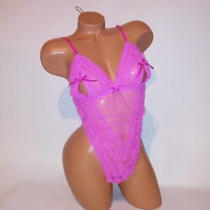 Victoria Secret‎ Lingerie Teddy One Piece Bodysuit Pink Ruffle Tulle Lace Peek A